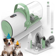2-in-1 pet hair remover with vacuum and hair pulling tool, shown with attachments and a dog and cat wearing party hats