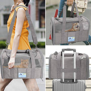 Large gray soft-sided foldable pet carrier for cats and small dogs with breathable mesh panels and shoulder strap.