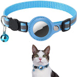 Load image into Gallery viewer, Adjustable blue reflective nylon pet collar with waterproof AirTag holder and bell, shown on a cat.
