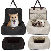 2 in 1 pet dog carrier folding car seat pad and thickened pet bed in black and beige with dogs inside and outside the beds