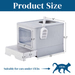 Load image into Gallery viewer, Grey enclosed cat litter box with slide-out tray and top-exit design, suitable for cats under 15 pounds and detailed size dimensions.
