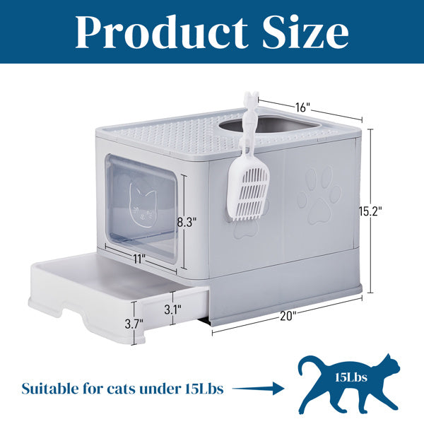 Grey enclosed cat litter box with slide-out tray and top-exit design, suitable for cats under 15 pounds and detailed size dimensions.