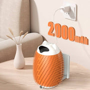 Automatic cat massager and pet hair brush with 2000mAh battery charging on wall outlet near sofa and vase