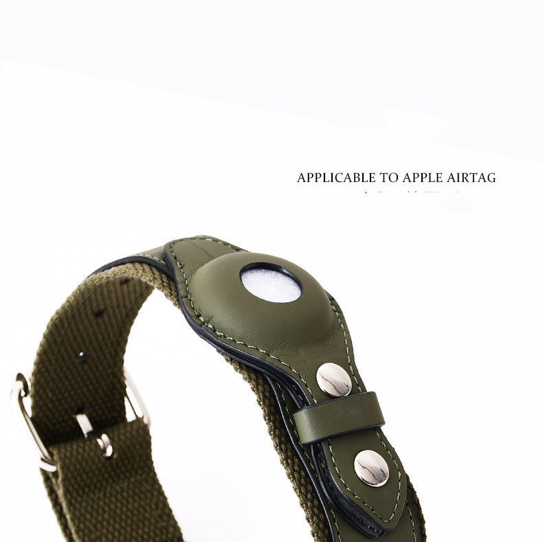 Leather pet collar with protective Apple Airtag cover, adjustable and durable for cats and dogs tracking safety.