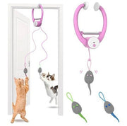 Battery powered pink hanging door cat toy with colorful mouse for indoor interactive play and exercise