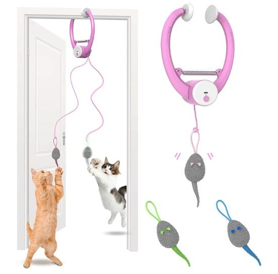 Battery powered pink interactive cat toy hanging on door with dangling mouse toys for indoor cats play and exercise.