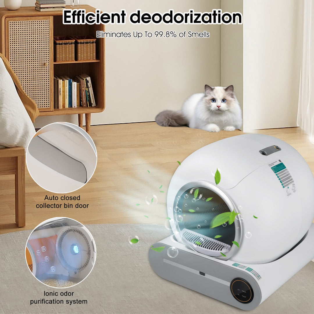 Smart self-cleaning cat litter box with efficient deodorization and app control features for odor elimination.