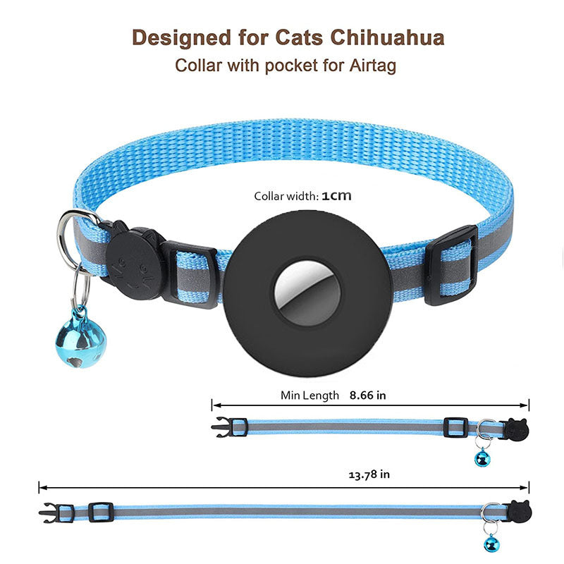 Blue adjustable reflective pet collar with bell and Airtag pocket for cats and small dogs like Chihuahua