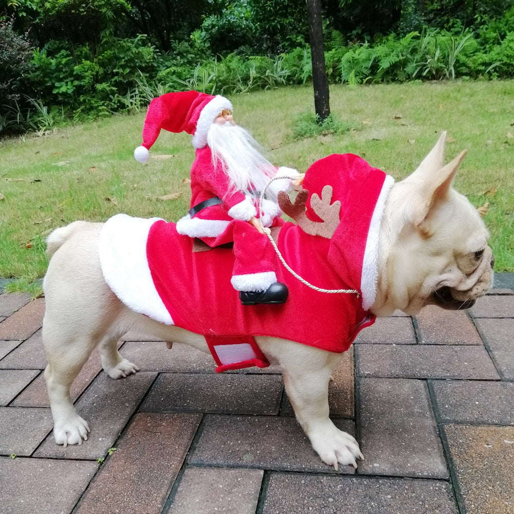 French Bulldog wearing a red Santa Claus and reindeer costume for Christmas holiday party dog apparel