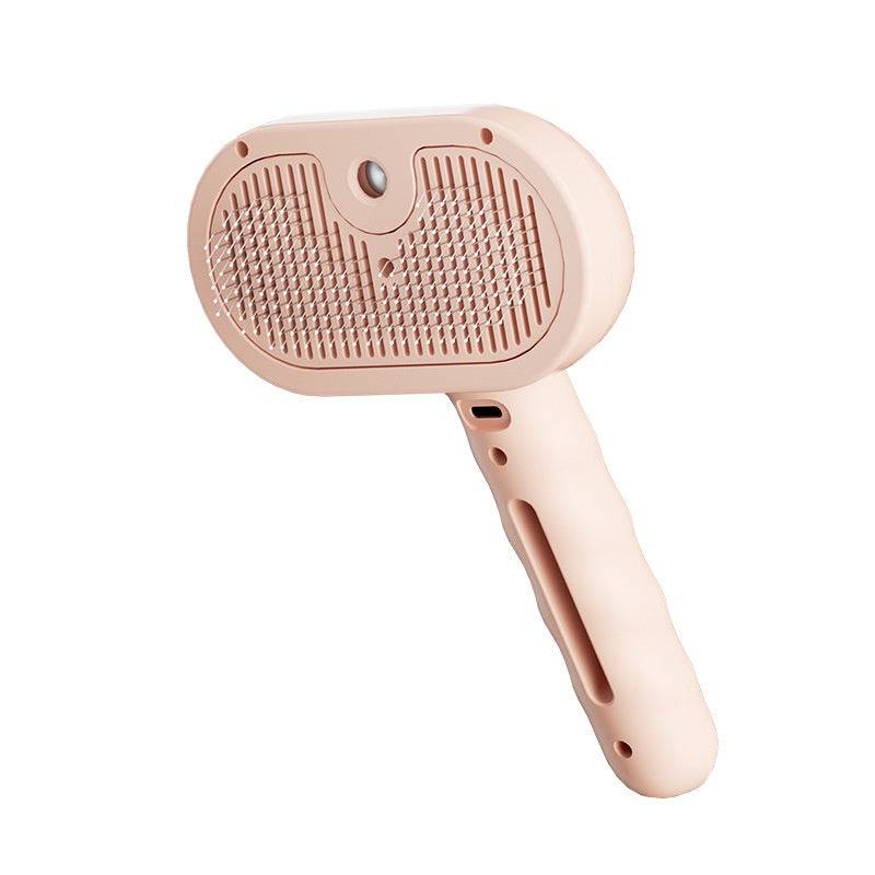 Pink Self-Cleaning Pet Comb with built-in mist spray and self-cleaning bristles, designed for easy grooming of cats and dogs.
