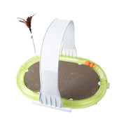 4-in-1 multifunctional pet toy with scratcher, teaser feather, feeder ball track, and elevated play center for cats