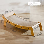 Load image into Gallery viewer, Wooden recliner cat scratcher lounger with woven scratch board and dimensions displayed on a light wooden floor background
