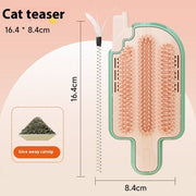 Interactive ice cream shaped cat scratcher with catnip ball and feather teaser stick measuring 16.4 by 8.4 cm
