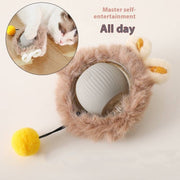 Interactive rolling ball toy with fur cover and yellow pom-pom for cats and dogs to play and stay entertained all day