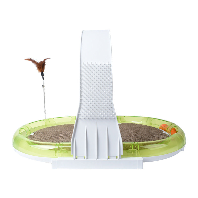 4-in-1 pet toy with scratcher, teaser feather, feeder ball track, and play center for cats and small pets
