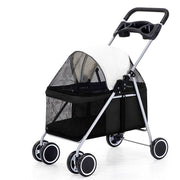 Lightweight folding pet stroller with mesh sides and canopy, cup holders, and easy assembly for small pets.