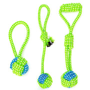 Set of three green and blue chew-resistant rope ball tug toys for large dogs with different handle designs