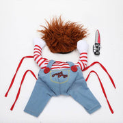 Halloween dog costume with red striped shirt, blue overalls, brown wig, and toy bloody knife accessory for pets.