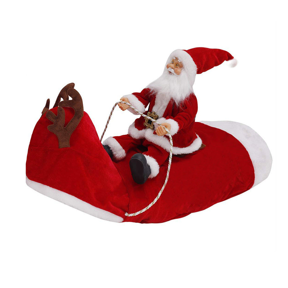 Santa Claus riding a reindeer dog costume in red and white holiday outfit for small to large dogs.