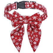 Adjustable red Christmas dog bow tie collar with white snowflake pattern for small, medium, and large dogs holiday wear