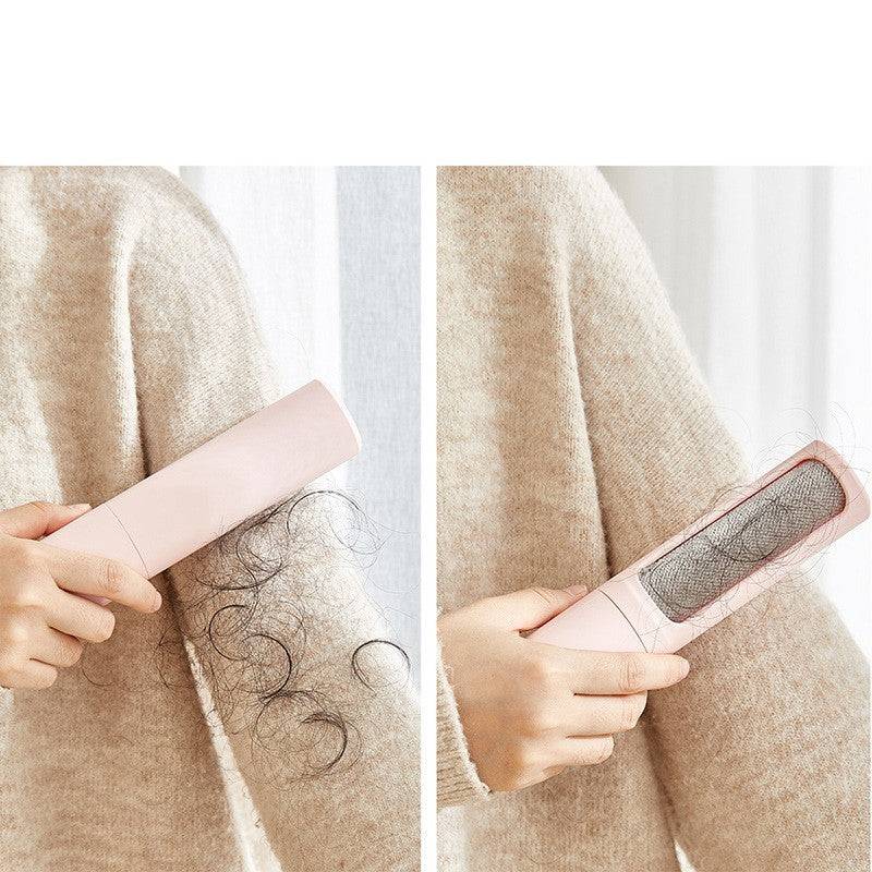 Pink 2-in-1 Pet Hair Remover Brush removing pet fur from a beige sweater. Self-cleaning and reusable for efficient dog and cat hair removal.