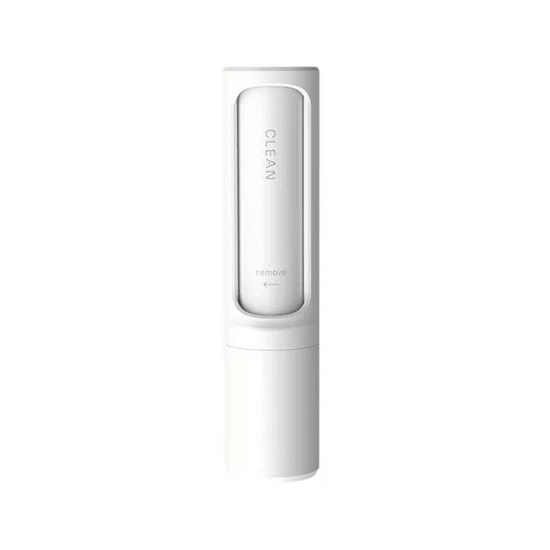 White 2-in-1 Pet Hair Remover Brush with self-cleaning feature. Compact and reusable lint roller for removing pet hair from clothes and furniture.
