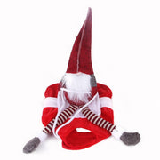 Red and white pet Christmas costume with gnome hat and striped legs, designed for dogs and cats holiday parties