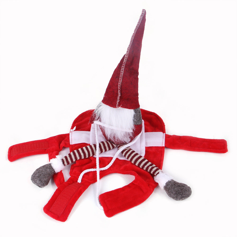 Red and white Christmas pet costume with elf hat, adjustable flannel and velcro straps for dogs and cats.