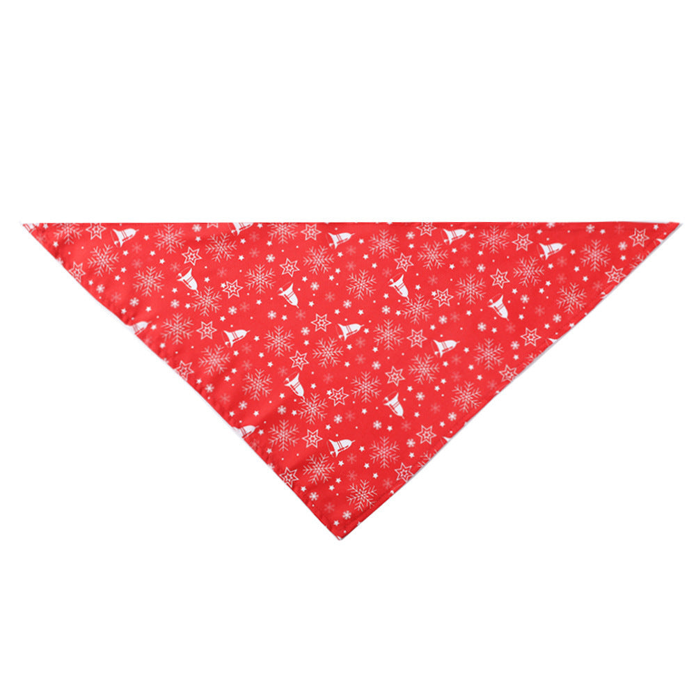 Red Christmas dog bandana with white snowflakes and festive holiday patterns, triangle pet scarf bib saliva towel.