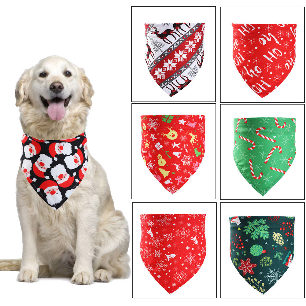 Golden retriever wearing a Christmas dog bandana with Santa print next to six holiday-themed pet scarves in various colors and patterns.