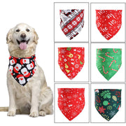 Golden retriever wearing a Christmas dog bandana with Santa print next to six holiday-themed pet scarves in various colors and patterns.