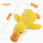 Large yellow squeaky duck plush toy with soft textured fabric, measuring 45cm by 38cm, for dogs and puppies to chew and calm.