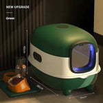 Load image into Gallery viewer, Oversized green fully enclosed cat litter box with UV sterilization and easy-clean design measuring 56x39x40 cm
