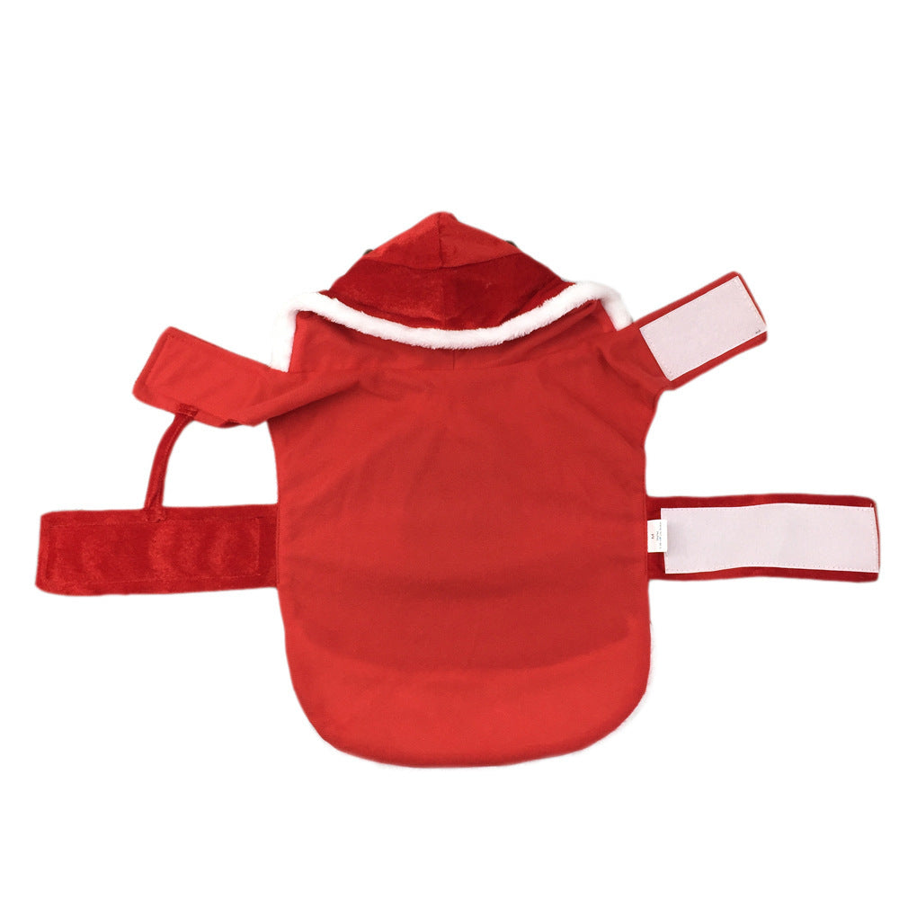Red Santa Claus dog costume with hood and velcro straps for small to large dogs, perfect for Christmas parties.