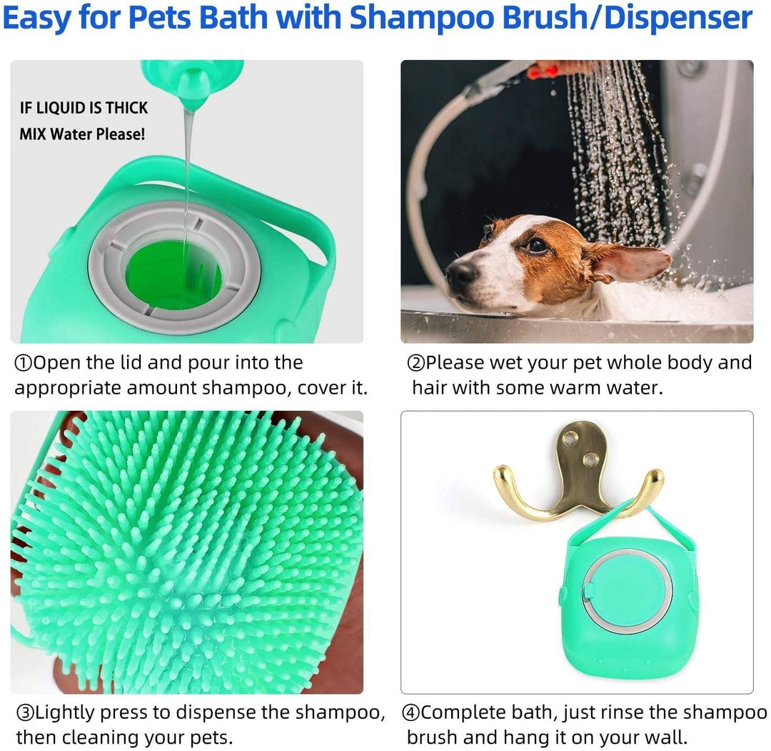 Pet shampoo massager brush with soft silicone bristles dispensing shampoo for gentle pet grooming during bath time.
