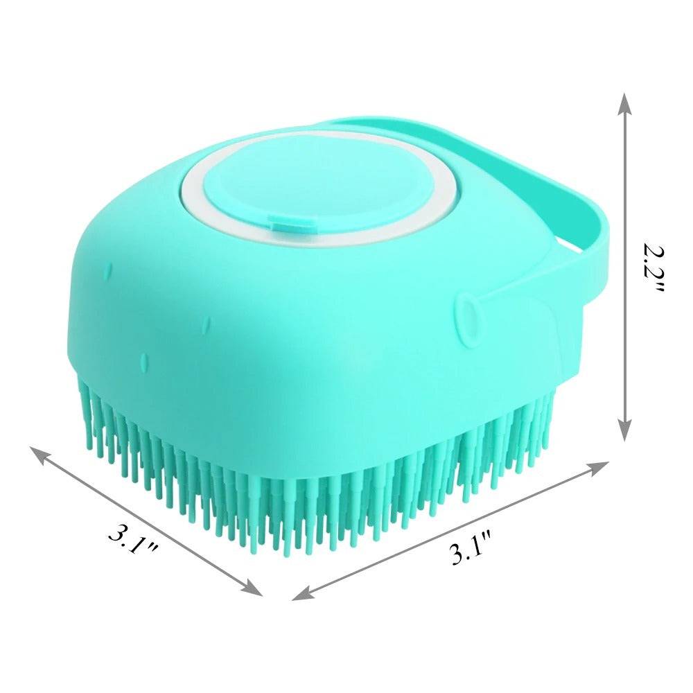 Turquoise pet shampoo massager brush with soft silicone bristles and ergonomic handle for gentle grooming and bath time relaxation.