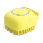 Load image into Gallery viewer, Yellow pet shampoo massager brush with soft silicone bristles and ergonomic handle for gentle grooming and bath time relaxation
