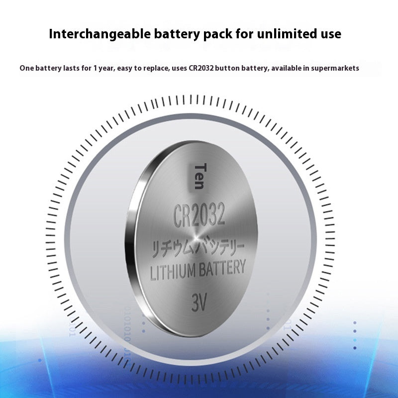 Close-up of CR2032 lithium battery pack used for GPS pet tracker with one-year interchangeable battery life
