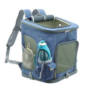 Blue transparent cat backpack carrier with ventilation mesh, bubble window, and water bottle holder for small pets.