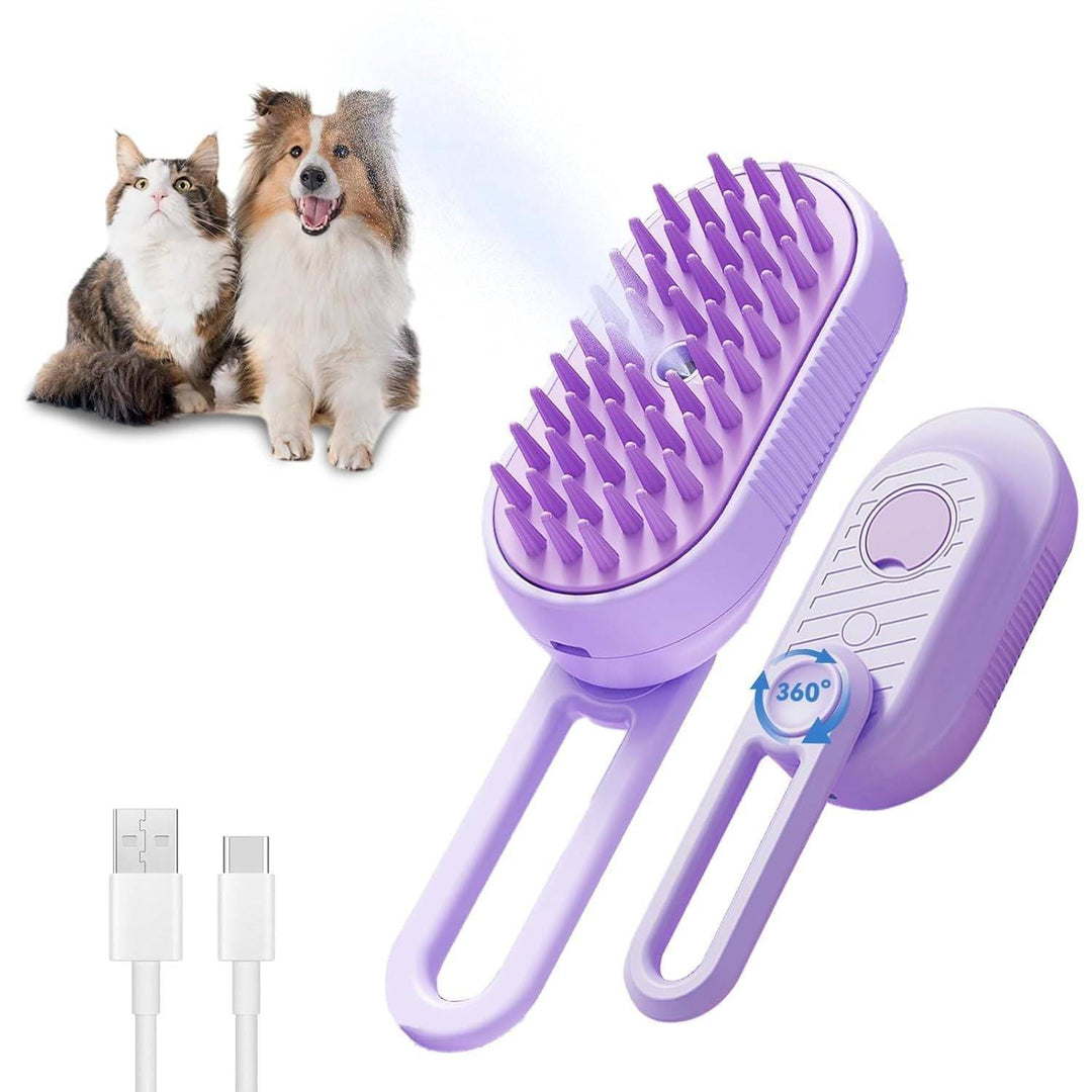 Purple cat steam brush grooming tool with USB charging cable and 360-degree rotating handle for cats and dogs