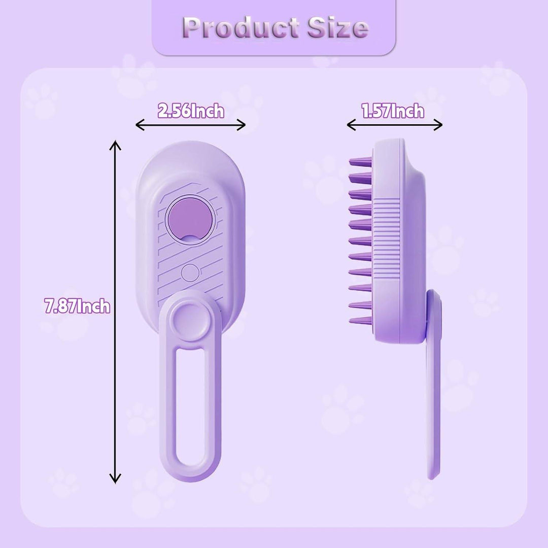 Purple cat steam brush with measurements showing 7.87 by 2.56 by 1.57 inches on a light purple background
