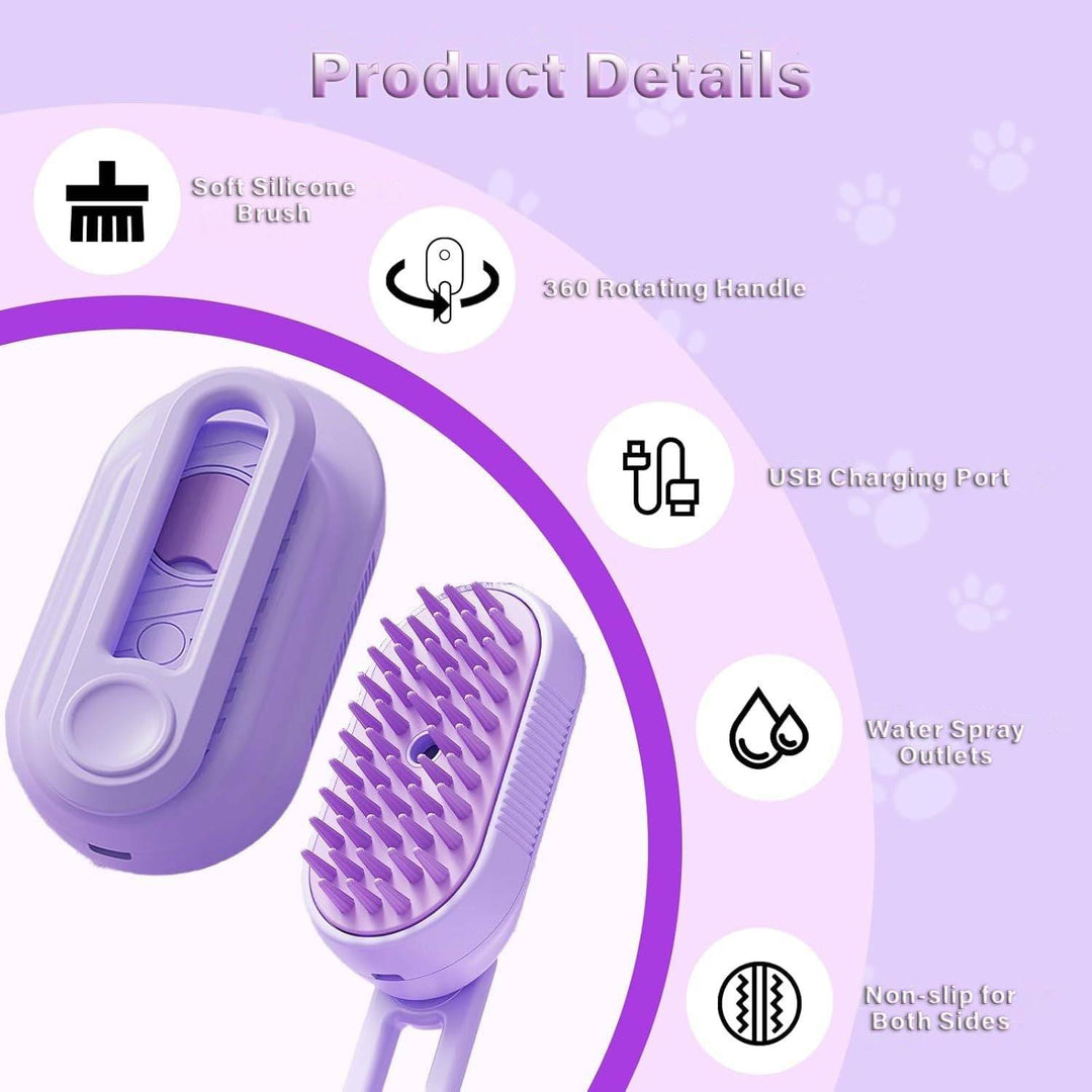 Purple Cat Steam Brush with soft silicone bristles, 360 rotating handle, USB charging, water spray, and non-slip sides