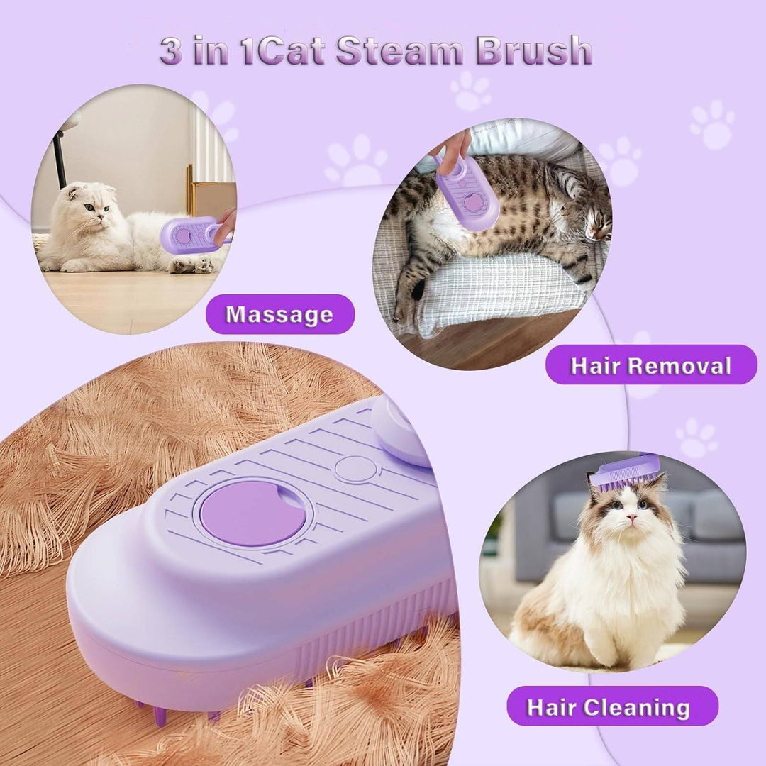 Purple 3-in-1 cat steam brush grooming tool for massage, hair removal, and hair cleaning on cats