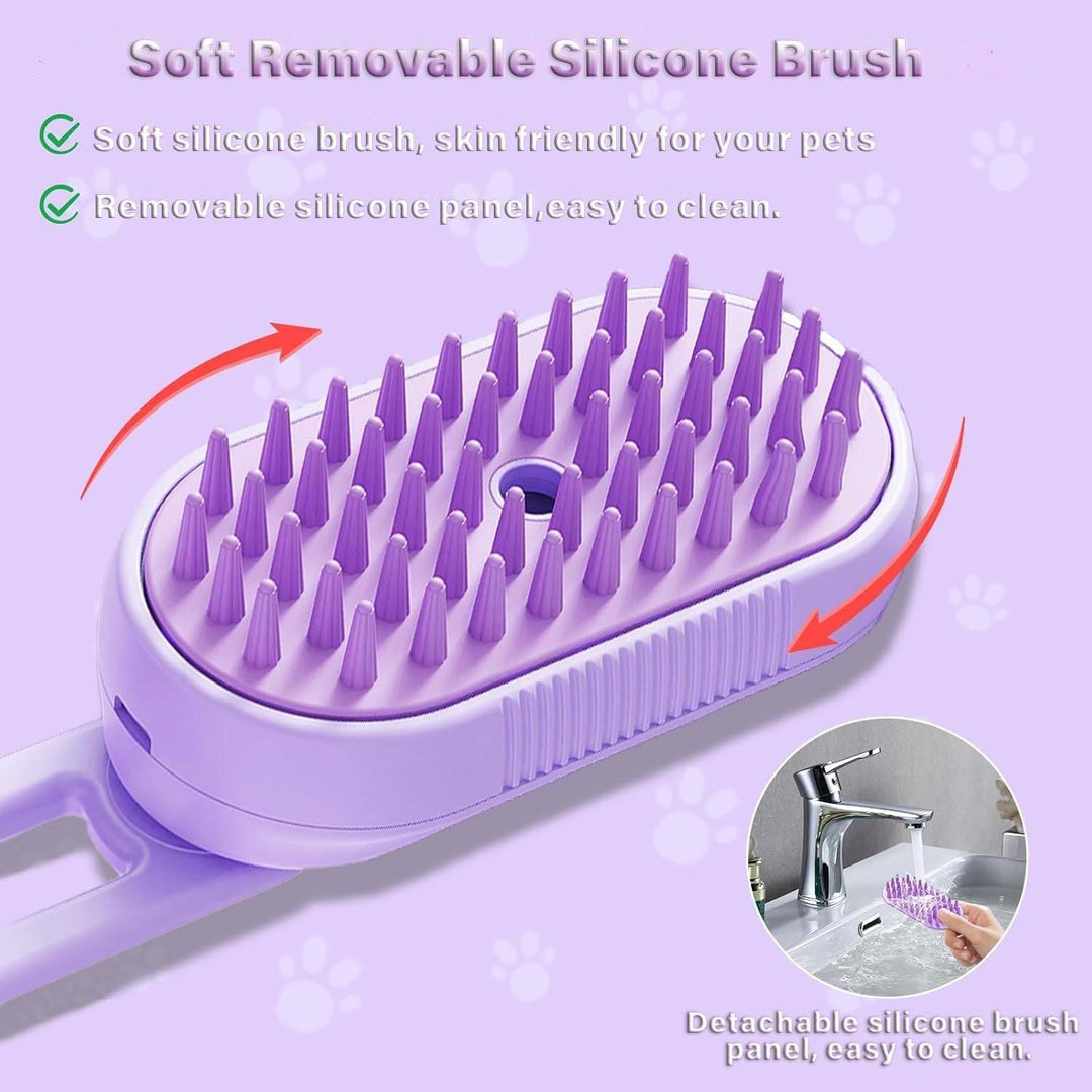 Purple soft removable silicone brush for pet grooming, easy to clean and skin-friendly for cats and dogs.