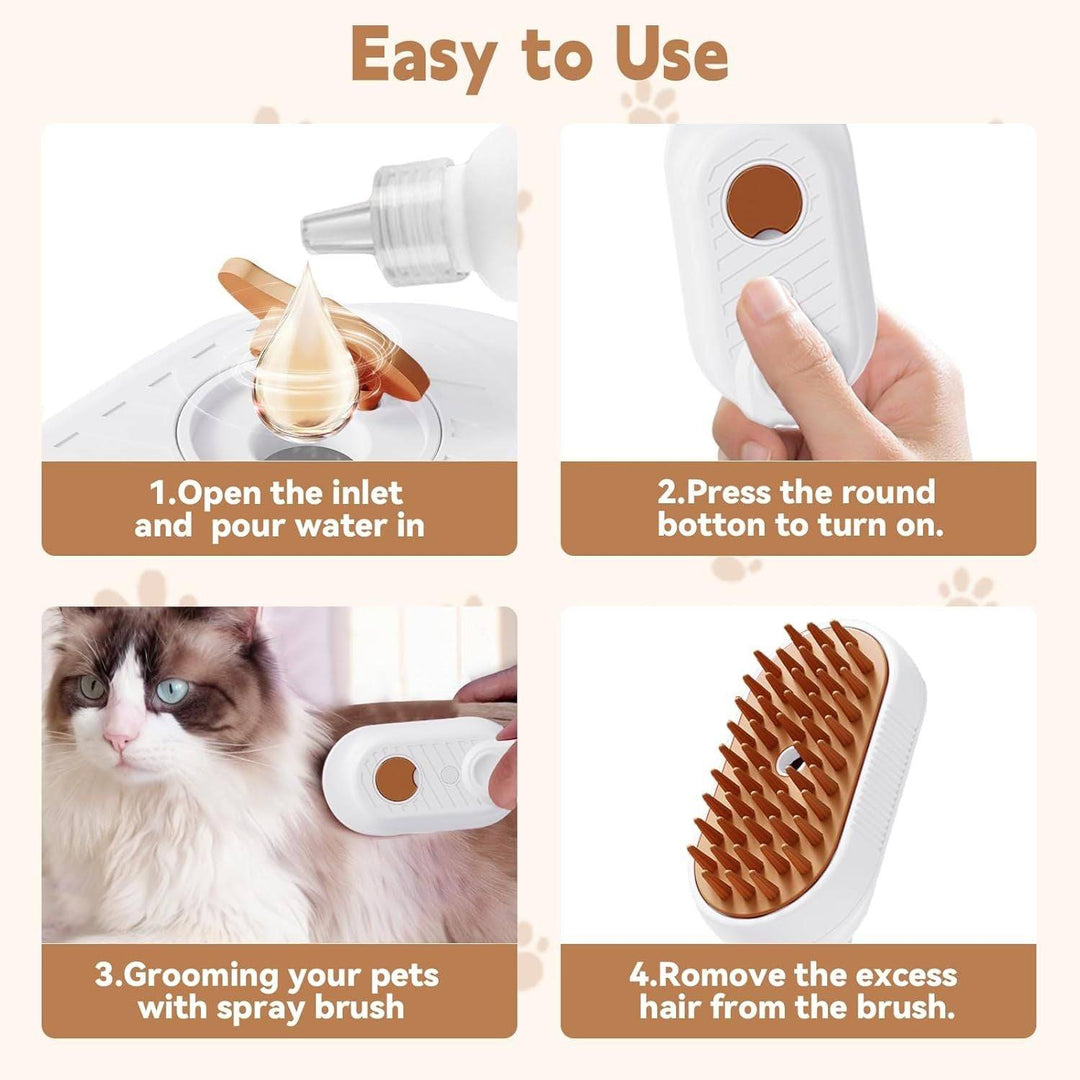 Step-by-step use of Cat Steam Brush with water inlet, power button, grooming cat, and cleaning brush shown