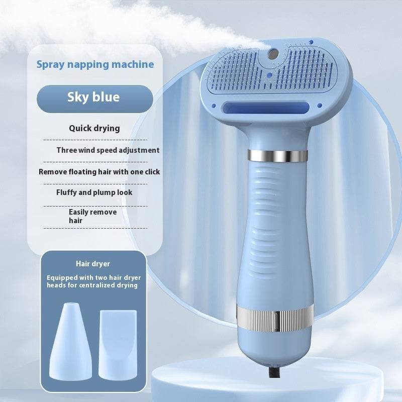 Sky blue pet air dryer with hot spray, one-click hair removal, and three wind speed settings for dogs and cats