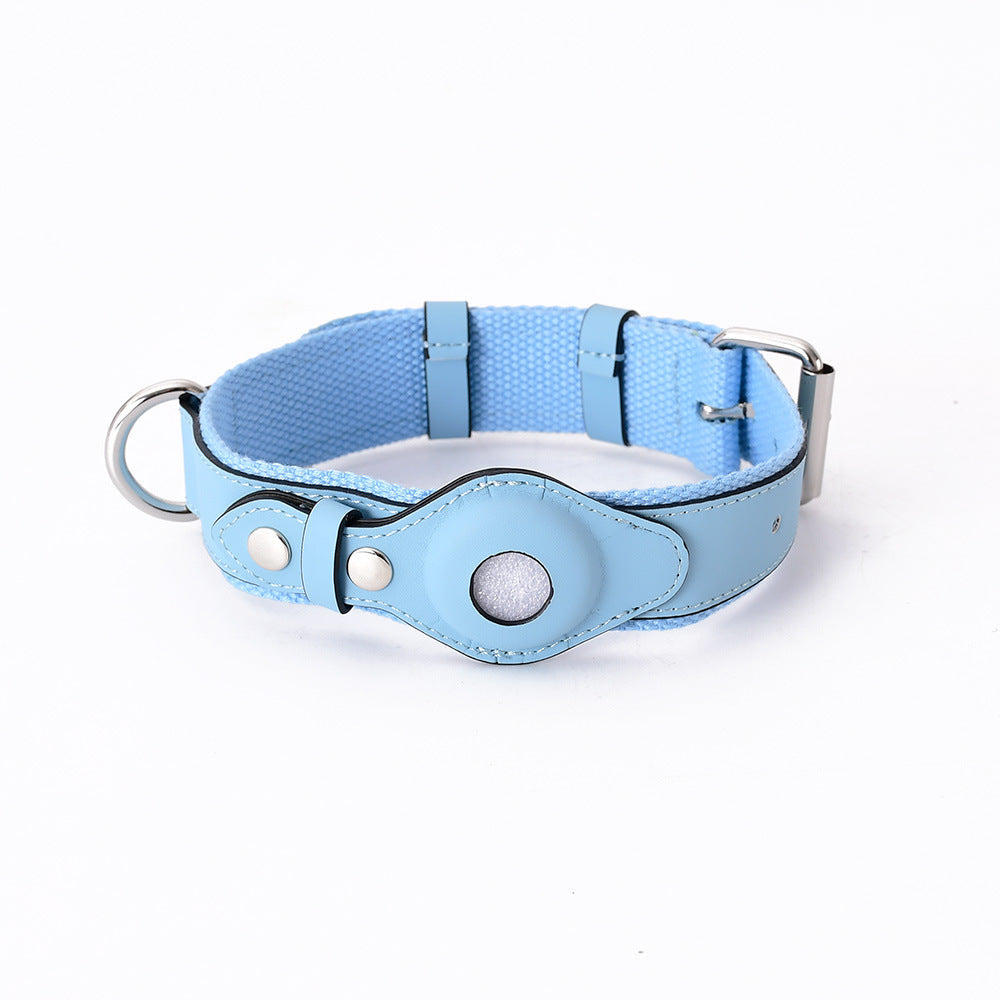 Blue adjustable leather pet collar with protective Airtag cover for tracking cats and dogs, anti-lost design.