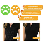 Load image into Gallery viewer, Green and orange paw-shaped reusable silicone pet hair removers with before and after laundry cleaning results on black shirt
