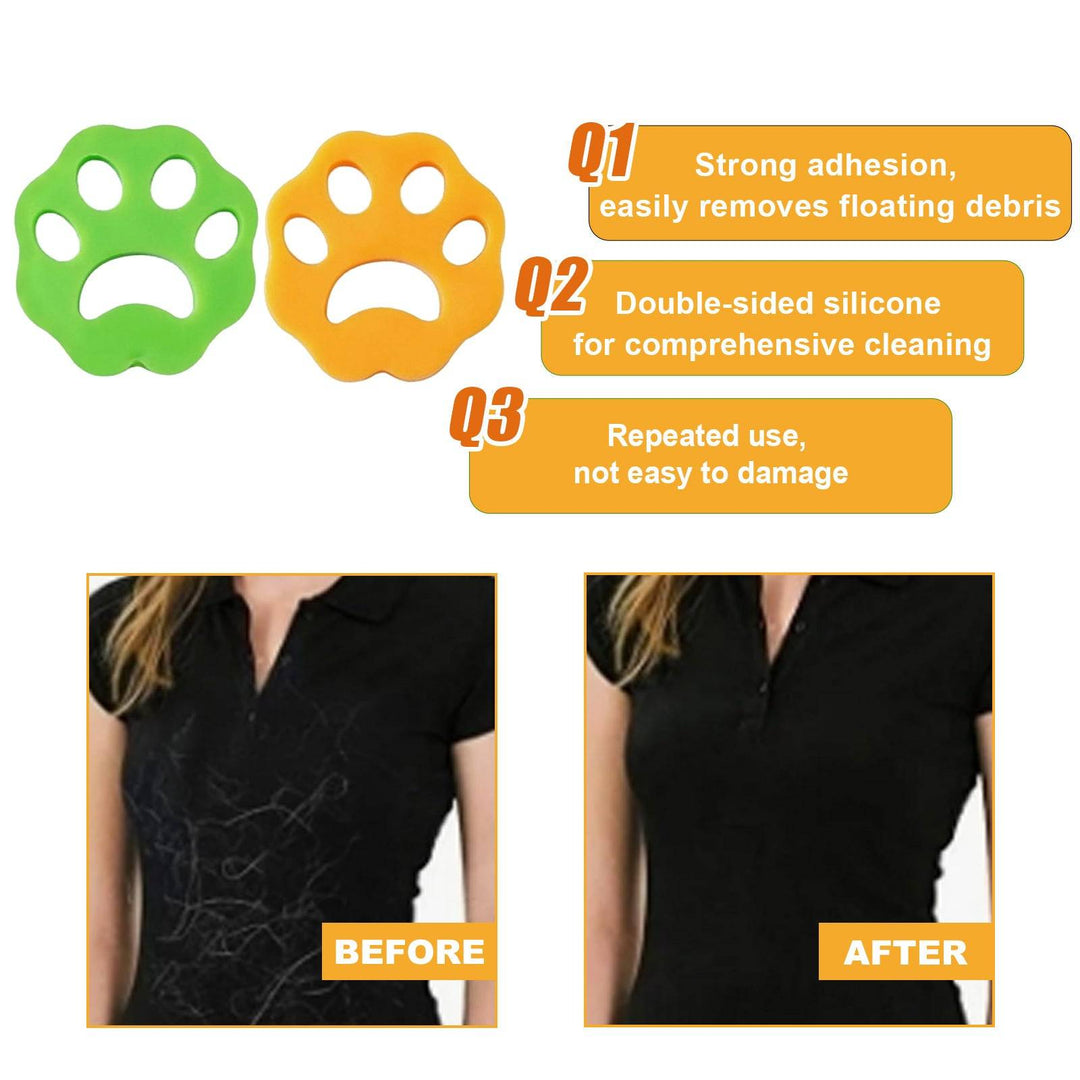 Green and orange paw-shaped reusable silicone pet hair removers with before and after laundry cleaning results on black shirt