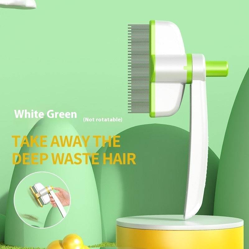 White and green self-cleaning pet grooming comb for removing fleas, tangles, and shedding hair from cats and dogs